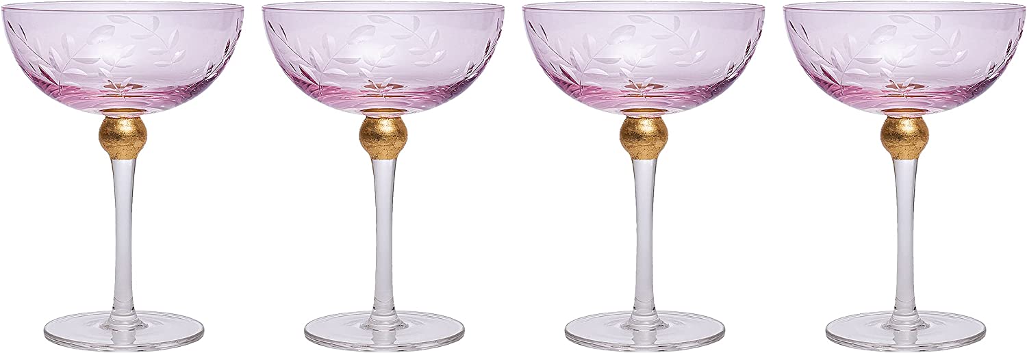 Colored Coupe Art Deco Glasses, Gold | Set of 4 | 8 oz Classic Cocktail Glassware for Champagne, Martini, Manhattan, Sidecar, Crystal Speakeasy Style Goblets Stems (Pink)-6