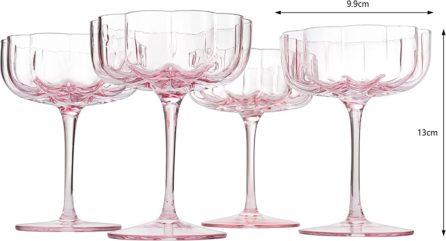Flower Vintage Wavy Petals Wave Glass Coupes 7oz Colorful Cocktail, - Set of 4 - Rippled & Champagne Glasses, Prosecco, Martini, Mimosa, Cocktail Set, Bar Glassware Copyright & Patent Pending (Pink)-6