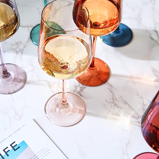 Colored Crystal Wine Glass Set of 6, Gift For Him, Her, Wife, Friend - Large 12 oz Glasses, Unique Italian Style Tall Drinkware - Red & White, Dinner, Color Beautiful Glassware - (Pastel)-3
