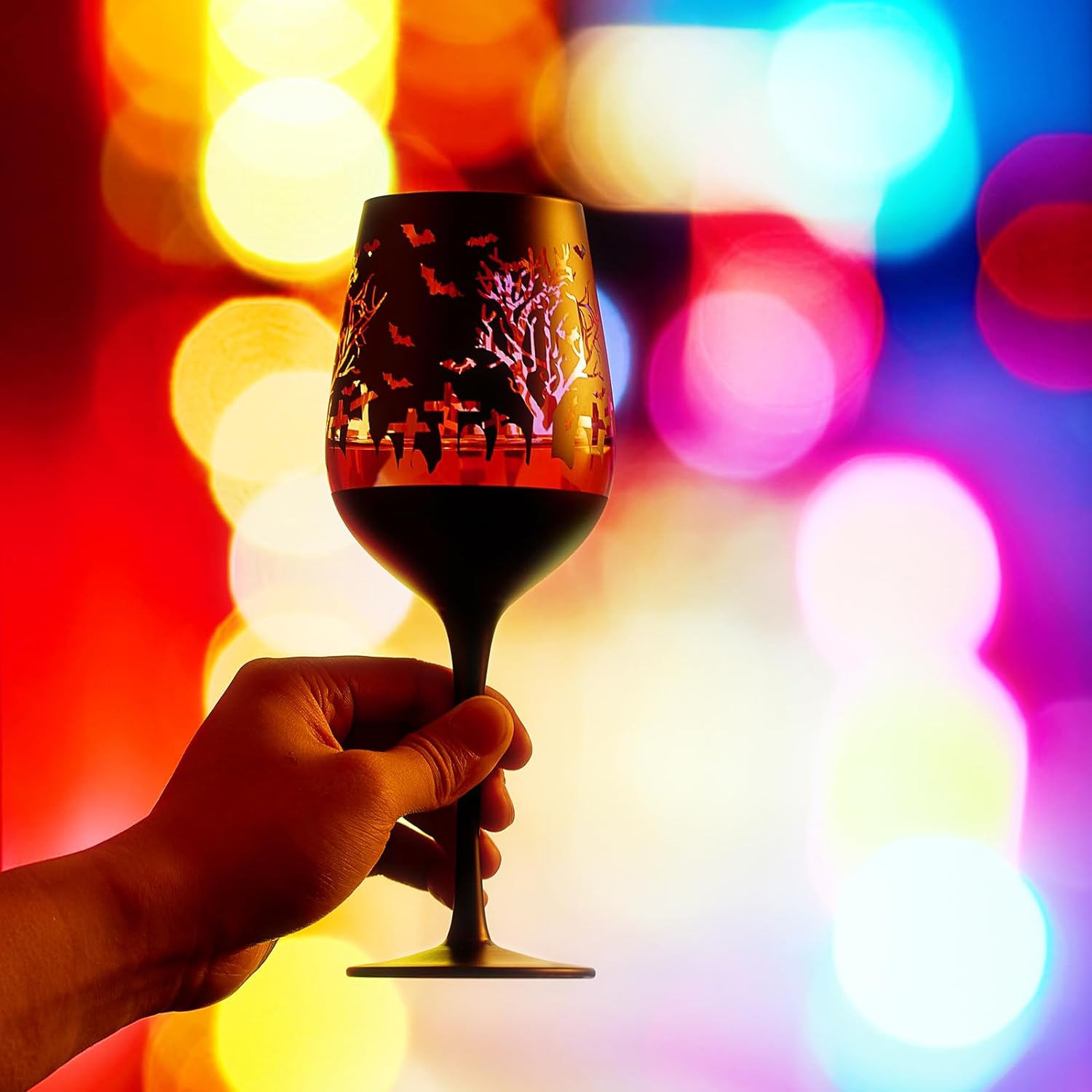 Crystal Halloween Stemmed Wine Glasses - Set of 2 - Themed Vibrant Black & Gold Etched Spooky Graveyard Pattern Frosted Glass, Perfect for Themed Gothic Parties Trick Or Treat Gift For Him Her (14 OZ)-2