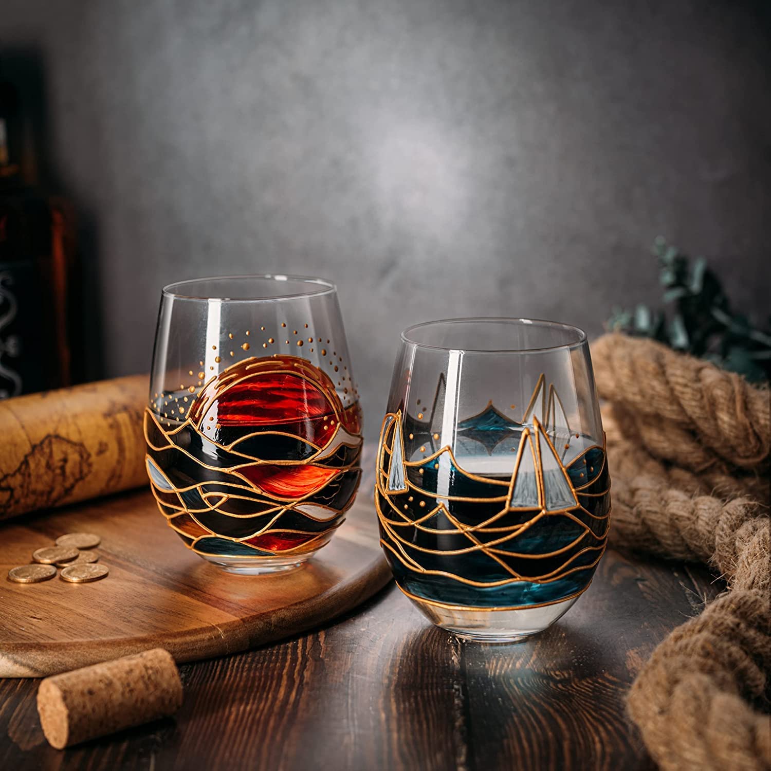 Artisanal Hand Painted Sunrise Glasses, Stemless Set of 2 Wine, Water & Whiskey Glasses - The Wine Savant - Crystal Tumblers - Gift Idea for Her, Him, Birthday, Housewarming - Large Goblets (18.5 OZ)-4