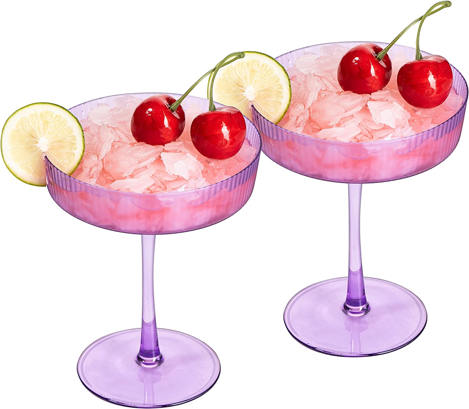 Ribbed Coupe Cocktail Glasses 8 oz | Set of 2 | Classic Manhattan Glasses For Cocktails, Champagne Coupe, Ripple Coupe Glasses, Art Deco Gatsby Vintage, Crystal with Stems (Lavender, Set of 2)-4