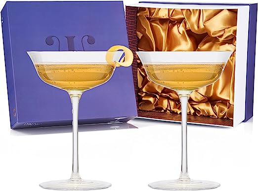 Vintage Crystal Coupe Glasses, Set of 2, Clear Radiance - Champagne, Martini, Cocktails - Hand Blown Classy Glass -Timeless Art Deco Design - Durable Sparkling Cocktail Barware, Home Bar (8 OZ)-4
