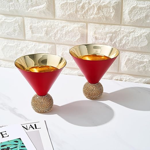 The Wine Savant Diamond Studded Martini Glasses Set of 2 Matte Red & Gold Modern Cocktail Glass, Rhinestone Diamonds With Stemless Crystal Ball Base, Bar or Party 10.5oz, Swarovski Style Crystals-2