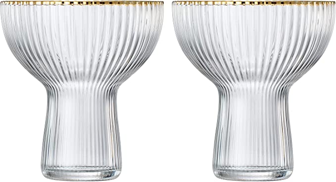 Ribbed Stemless Margarita, Martini & Champagne Glasses with Gold Rim - Set of 2 - Hand Blown Cocktail Luxury Coupe – Large Party, Elegant Ripple Design, Gilded, Premium Hand Blown Glassware (10 OZ)-5