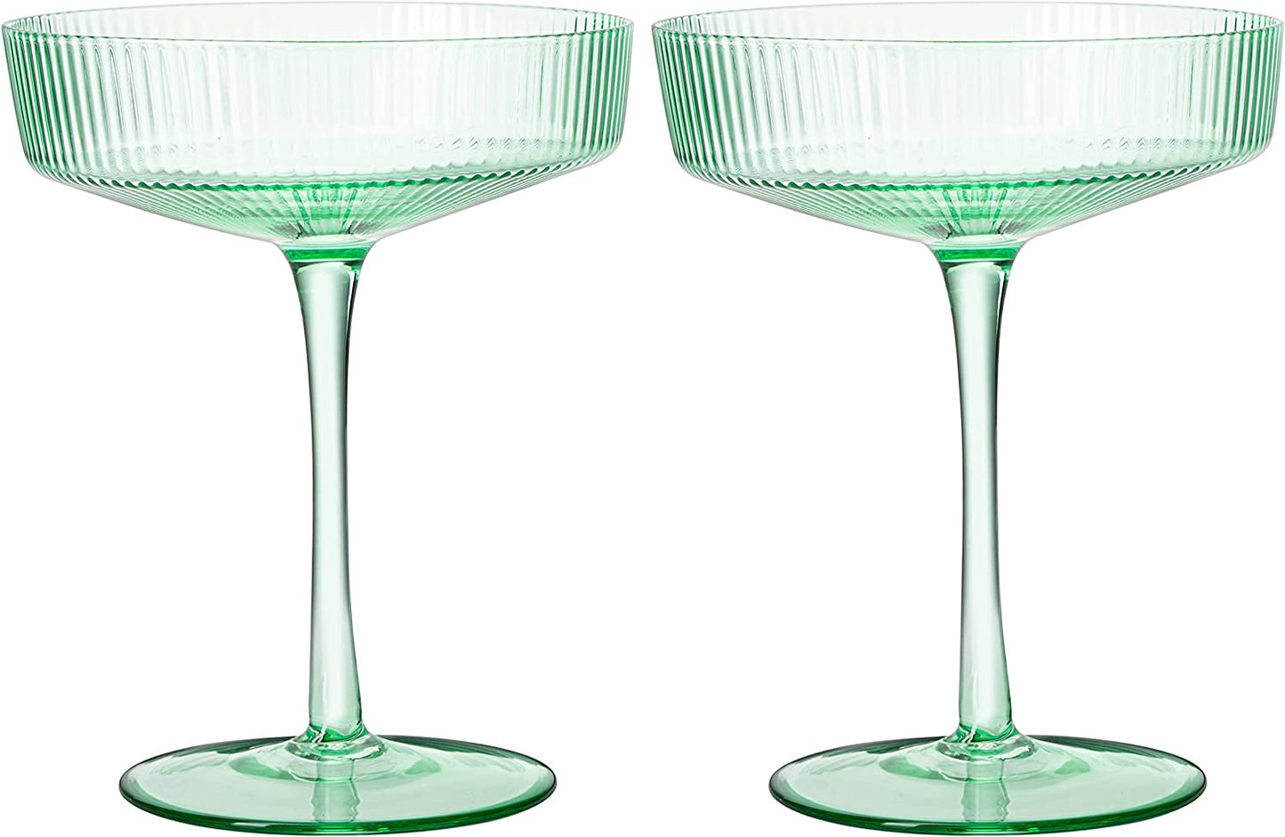 Ribbed Coupe Cocktail Glasses 8 oz | Set of 2 | Classic Manhattan Glasses For Cocktails, Champagne Coupe, Ripple Coupe Glasses, Art Deco Gatsby Vintage, Crystal with Stems (Green, Set of 2)-4