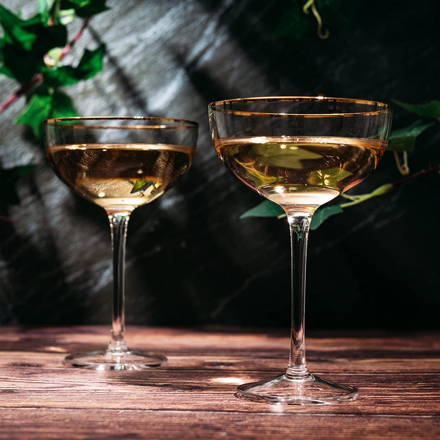 Vintage Crystal Champagne Coupe Gold Rim Glasses | Set of 2 | 7 oz, Gilded Rim Classic Cocktail Glassware - Martini, Manhattan, Cosmopolitan, Sidecar, Daiquiri | 1920s Style Saucer Goblets | Gift Box-1