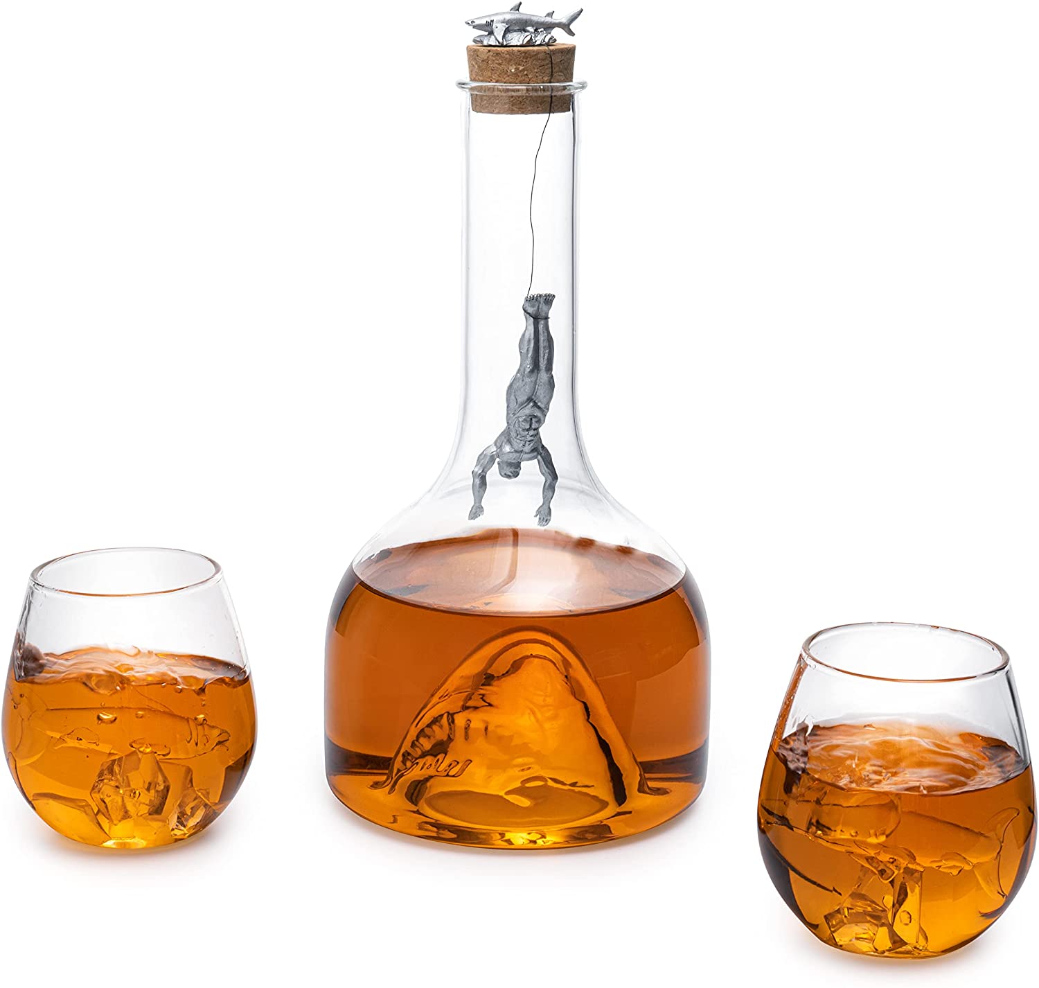 Shark Wine & Whiskey Decanter & Glasses Set by The Wine Savant - 1000ml Shark Decanter with 2 10oz Glasses - Shark Figurine, Aquatic Home Decor, Whiskey Gifts for Sea Lovers, Nautical Gifts, Gift Set-6