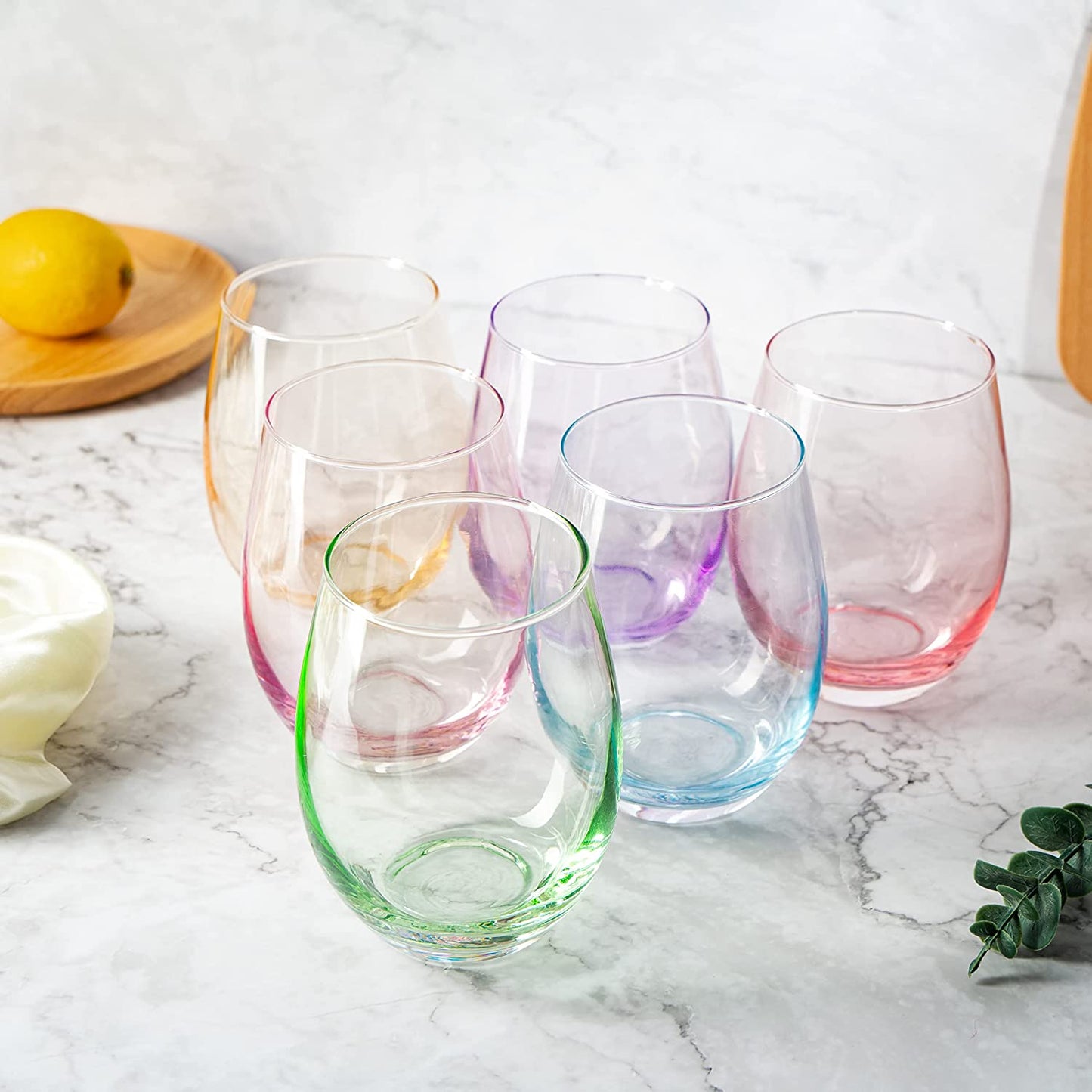 Colored Wine Glass Set, Large 12 oz Glasses Set of 6, Unique Italian Style Tall Stemless for White& Red Wine, Water, Margarita Glasses, Color Tumbler, Beautiful Glassware (Stemless)-1