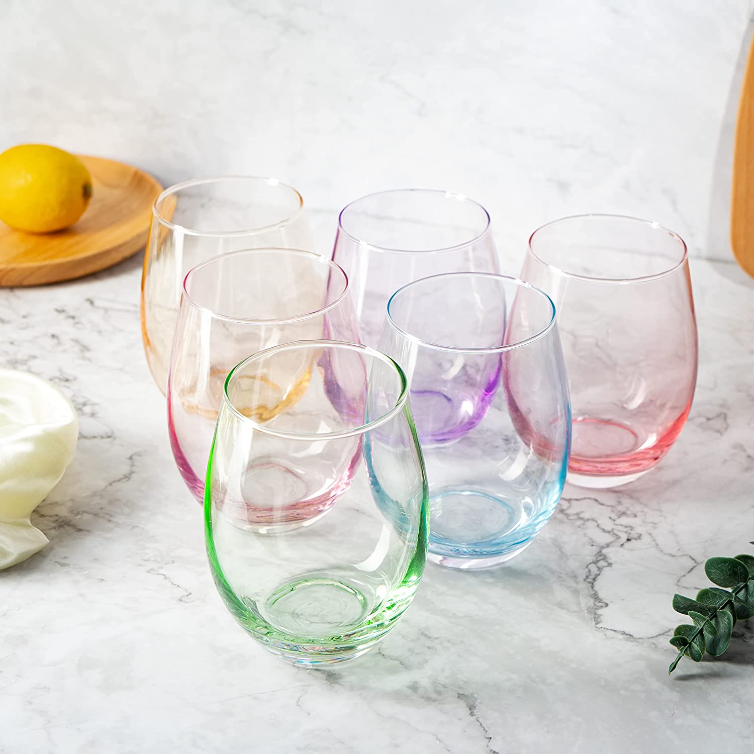Colored Wine Glass Set, Large 12 oz Glasses Set of 6, Unique Italian Style Tall Stemless for White& Red Wine, Water, Margarita Glasses, Color Tumbler, Beautiful Glassware (Stemless)-1