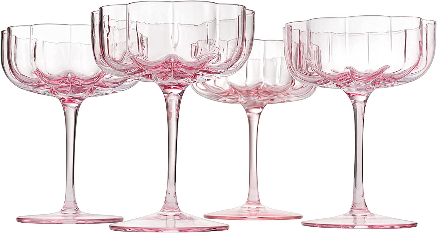 Flower Vintage Wavy Petals Wave Glass Coupes 7oz Colorful Cocktail, - Set of 4 - Rippled & Champagne Glasses, Prosecco, Martini, Mimosa, Cocktail Set, Bar Glassware Copyright & Patent Pending (Pink)-7