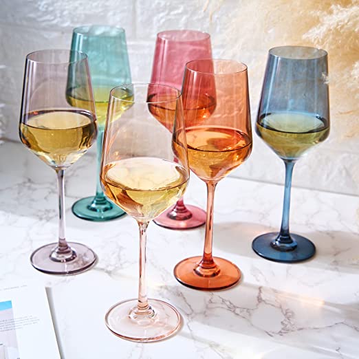 Colored Crystal Wine Glass Set of 6, Gift For Him, Her, Wife, Friend - Large 12 oz Glasses, Unique Italian Style Tall Drinkware - Red & White, Dinner, Color Beautiful Glassware - (Pastel)-2