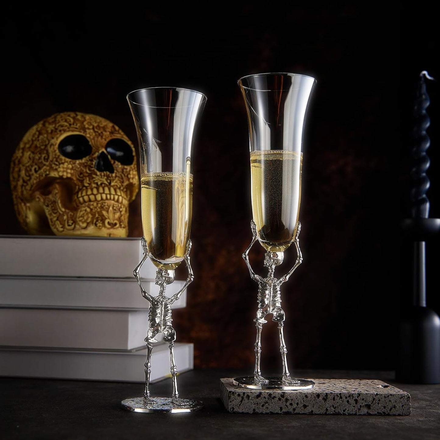 Stemmed Skeleton Champagne Flute Glass | Set of 2 | 7.5oz Halloween Skeleton Glasses 10" H, Goth Gifts, Skeleton Gifts, Skeleton Decor, Spooky Wine Gift Set, Perfect for Halloween Themed Parties-1