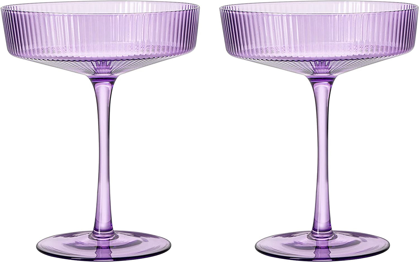 Ribbed Coupe Cocktail Glasses 8 oz | Set of 2 | Classic Manhattan Glasses For Cocktails, Champagne Coupe, Ripple Coupe Glasses, Art Deco Gatsby Vintage, Crystal with Stems (Lavender, Set of 2)-5