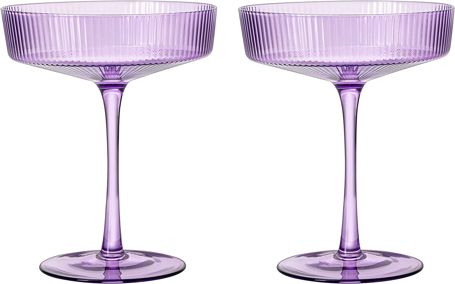 Ribbed Coupe Cocktail Glasses 8 oz | Set of 2 | Classic Manhattan Glasses For Cocktails, Champagne Coupe, Ripple Coupe Glasses, Art Deco Gatsby Vintage, Crystal with Stems (Lavender, Set of 2)-5