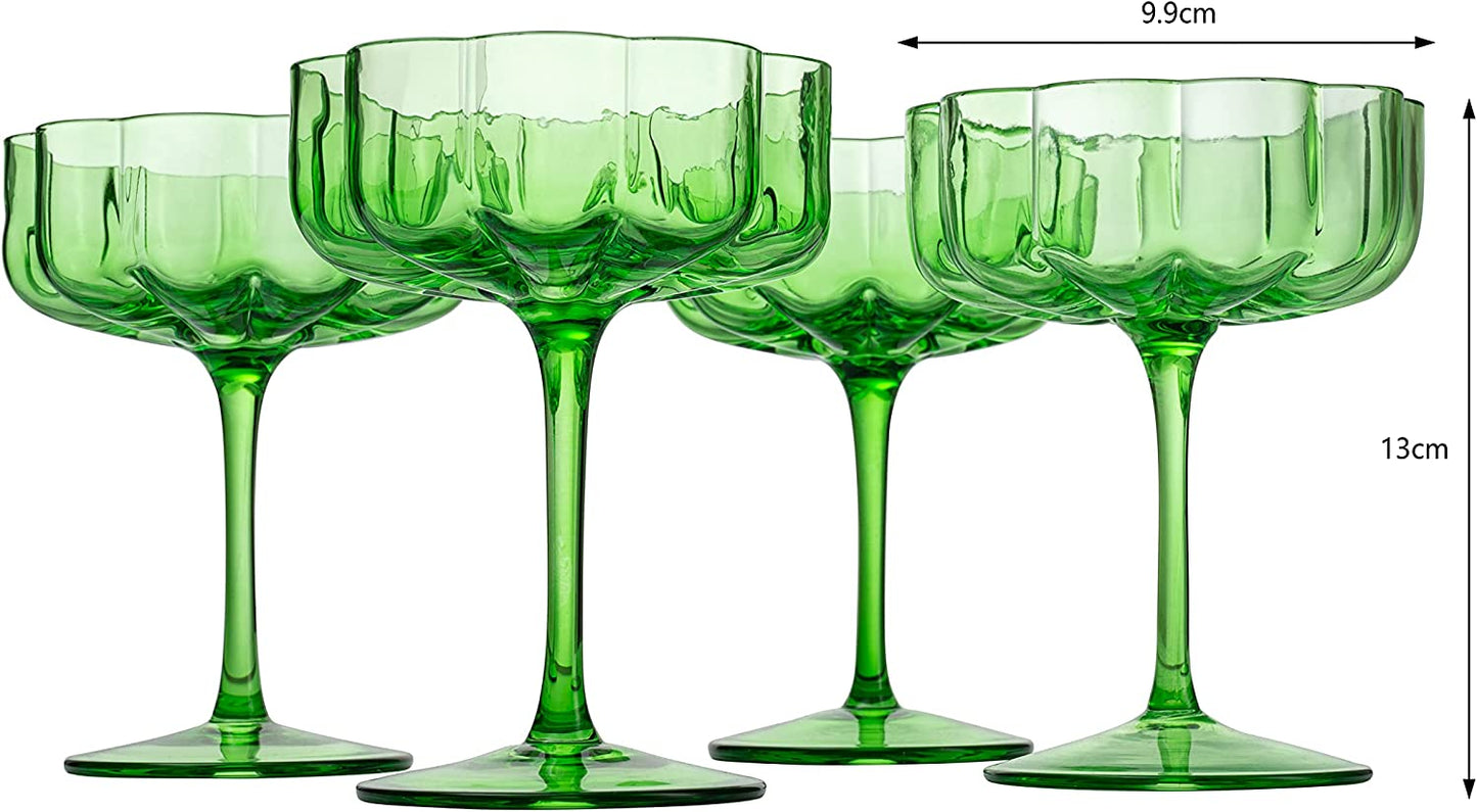 Flower Vintage Wavy Petals Wave Glass Coupes 7oz Colorful Cocktail, - Set of 4 - Rippled & Champagne Glasses, Prosecco, Martini, Mimosa, Cocktail Set, Bar Glassware Copyright & Patent Pending (Green)-7