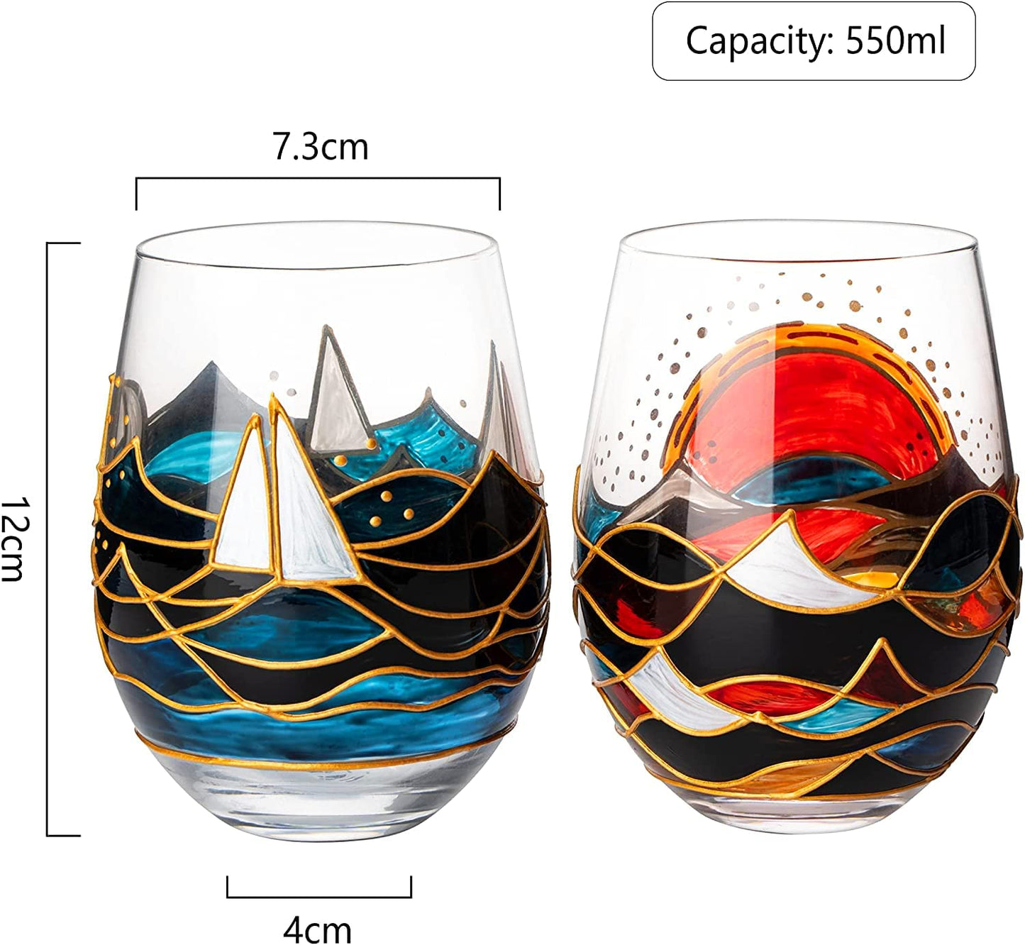 Artisanal Hand Painted Sunrise Glasses, Stemless Set of 2 Wine, Water & Whiskey Glasses - The Wine Savant - Crystal Tumblers - Gift Idea for Her, Him, Birthday, Housewarming - Large Goblets (18.5 OZ)-2