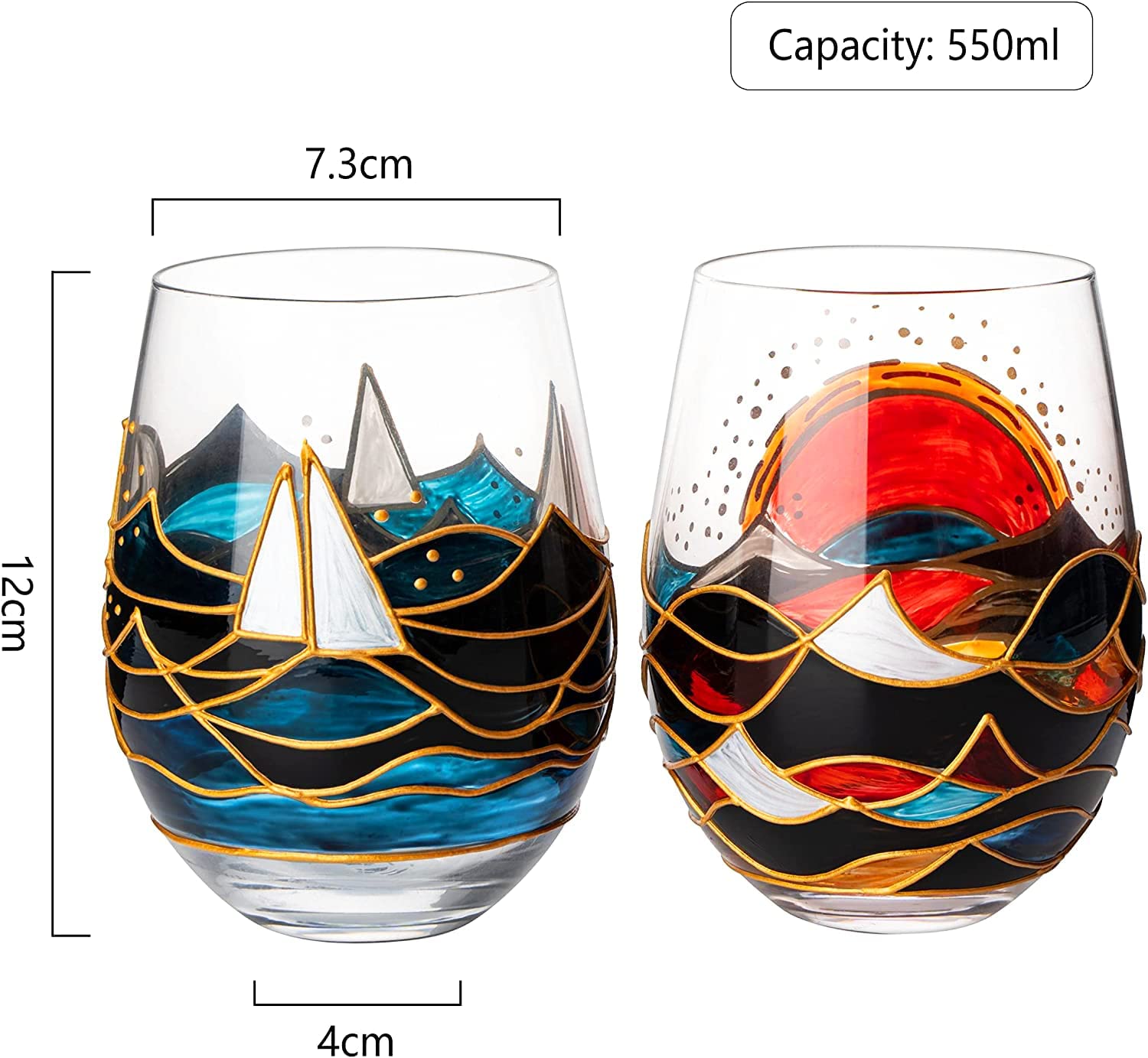 Artisanal Hand Painted Sunrise Glasses, Stemless Set of 2 Wine, Water & Whiskey Glasses - The Wine Savant - Crystal Tumblers - Gift Idea for Her, Him, Birthday, Housewarming - Large Goblets (18.5 OZ)-2
