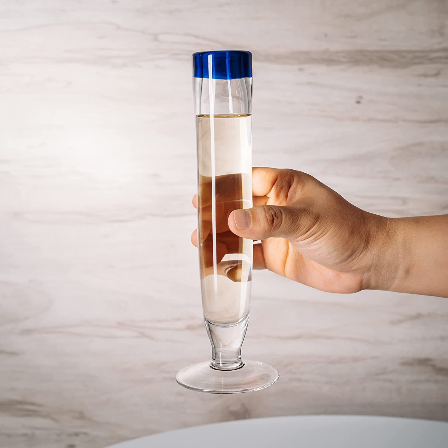 Tall Recycled Champagne Flutes - Set of 4 - Mexican Hand Blown Cobalt Blue Rim Flute – Luxury Mexican Thick Glassware 7oz, Juice & Cocktail Drinking Glass Holiday Celebration, Weddings, Anniversary-2