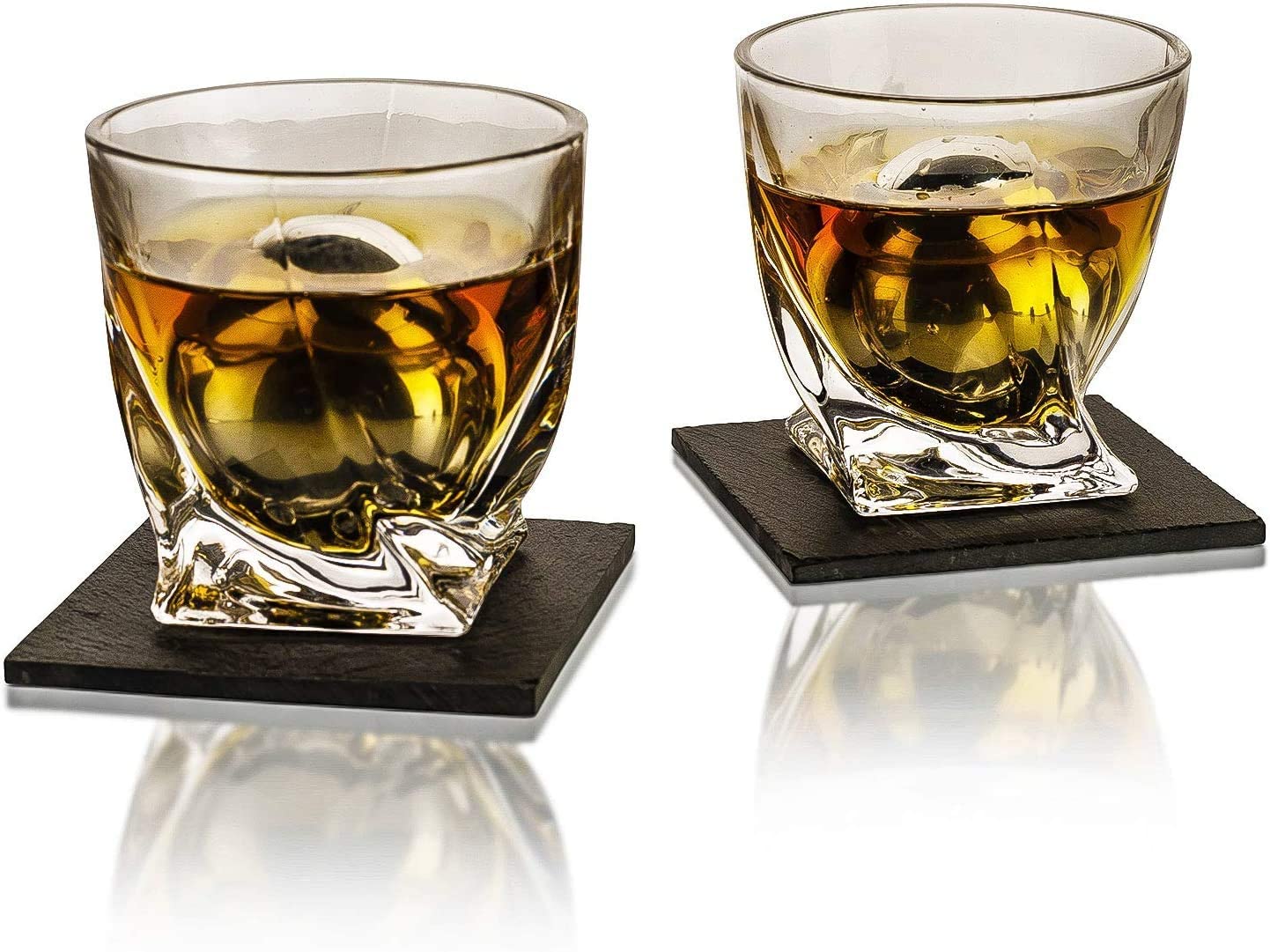 Luxurious Whiskey Stones & Glasses Gift Set - 2 XL Chilling Stainless Steel Whiskey Balls - 2x Crystal Whiskey Glasses, 2x Slate Stone Coasters, Freezer Pouch & Tongs - Set in Premium Pine Wood Box-2