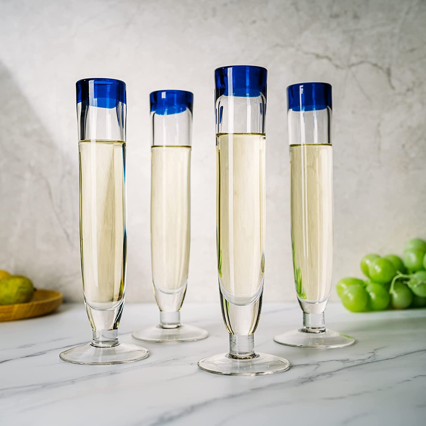 Tall Recycled Champagne Flutes - Set of 4 - Mexican Hand Blown Cobalt Blue Rim Flute – Luxury Mexican Thick Glassware 7oz, Juice & Cocktail Drinking Glass Holiday Celebration, Weddings, Anniversary-1