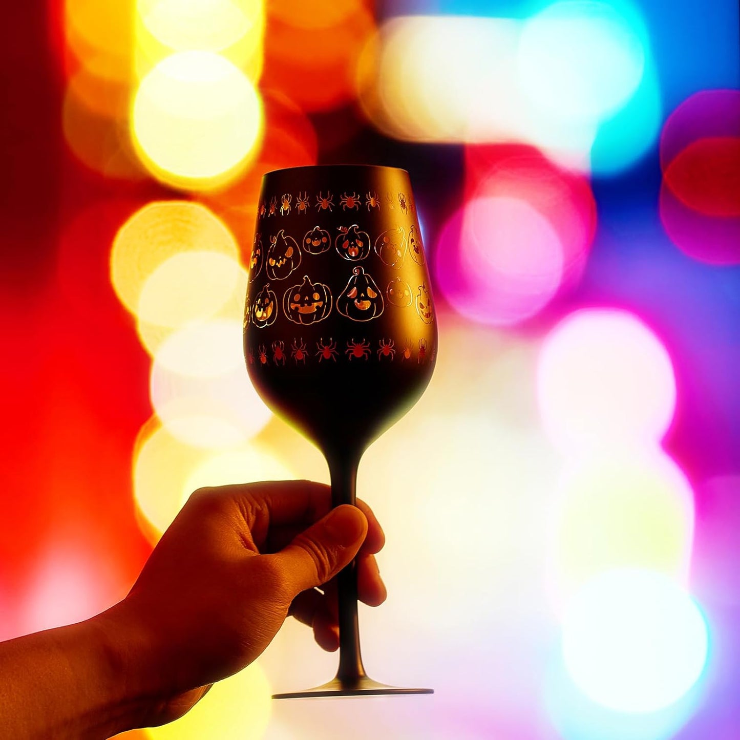 Crystal Halloween Stemmed Wine Glasses - Set of 2 - Pumpkin Themed Vibrant Black & Gold Spooky Ghost Pattern Frosted Glass, Perfect for Themed Gothic Parties Trick Or Treat Gifts for Him Her (16 OZ)-2