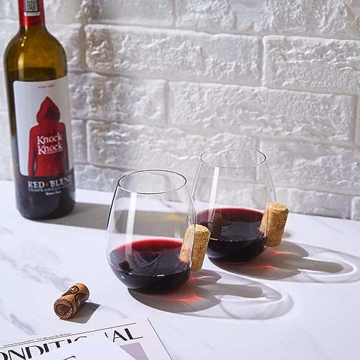 Corked Stemless Wine Glasses | Set of 2 | Stuck In The Glass Wine Cork Cocktail Glassware, Enthusiast Gift, Artisanal Crystal Glassware - Gift Idea for Him, Her, Wine Lover, Housewarming (19.6 OZ)-1