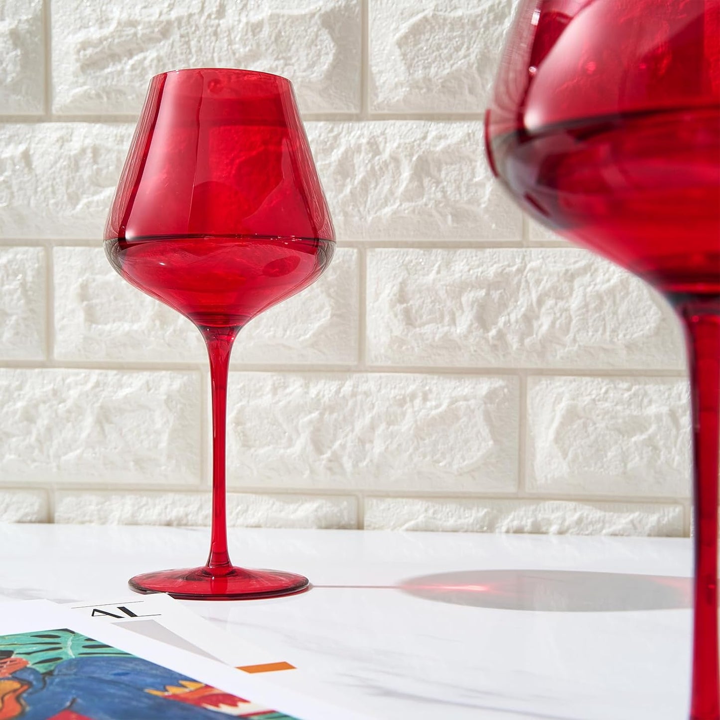 Crystal Christmas Holiday Red Colored Crystal Wine Glass Set of 2, Gift For Hosting, Her, Wife, Mom Friend - Large 20 oz Glasses, Unique Italian Style Tall Drinkware - Red & White, Color Glassware-2