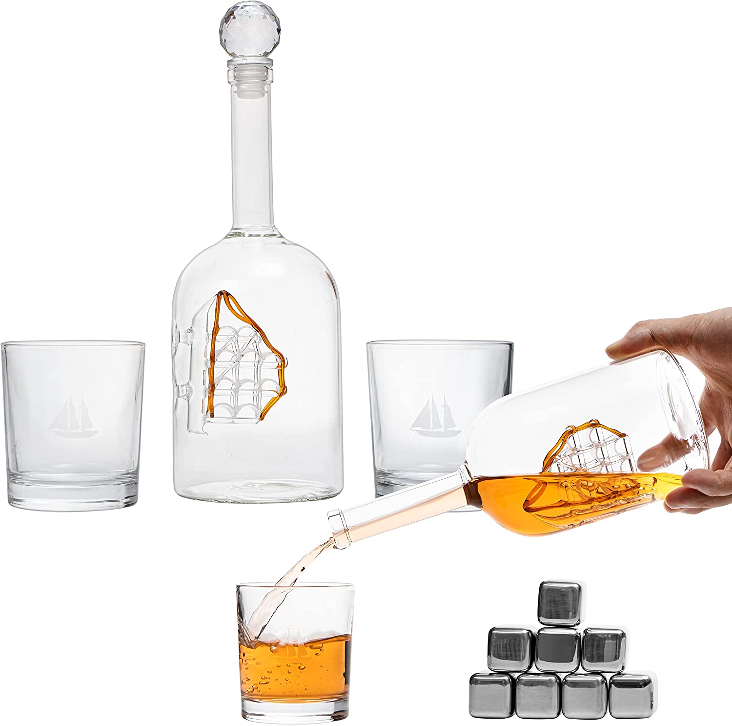 Large Display Whiskey & Wine Decanter with Antique Ship - Handcrafted Wood Barrel Storage - Wine Savant Decanters Gifts Set with 2 Glasses, & Drink Chiller Stones for Your Bar - 16" x 8" x 15"-5