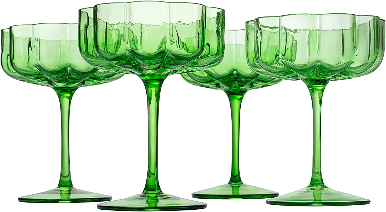 Flower Vintage Wavy Petals Wave Glass Coupes 7oz Colorful Cocktail, - Set of 4 - Rippled & Champagne Glasses, Prosecco, Martini, Mimosa, Cocktail Set, Bar Glassware Copyright & Patent Pending (Green)-6