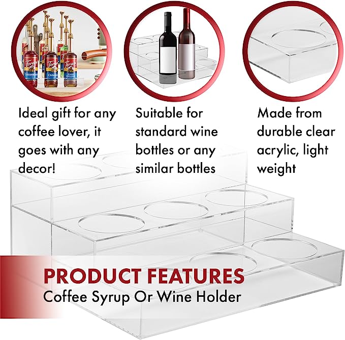 Acrylic Bottle Holder, Coffee Syrup Rack Display Case | 3-Tiered 9 Bottle | Wine Bar Bottle Rack, Clear Shelf Rack for Kitchen, Countertop, Fridge Pantry Storage Organizer - Wine, Soda, Cans, Liquor-3