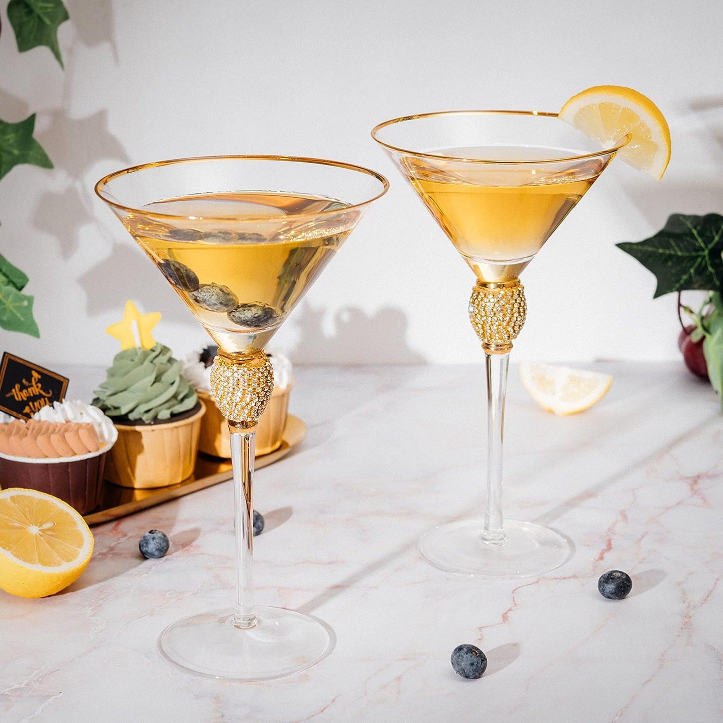 Diamond Collection 2 Piece Stemmed Martini Set - Rhinestone For Drinking Martinis, Manhattans, Vodka, Gin, Cocktails Gold Accent Cocktail Glasses, Perfect For Any Bar or Party 10oz - Swarovski Style-3