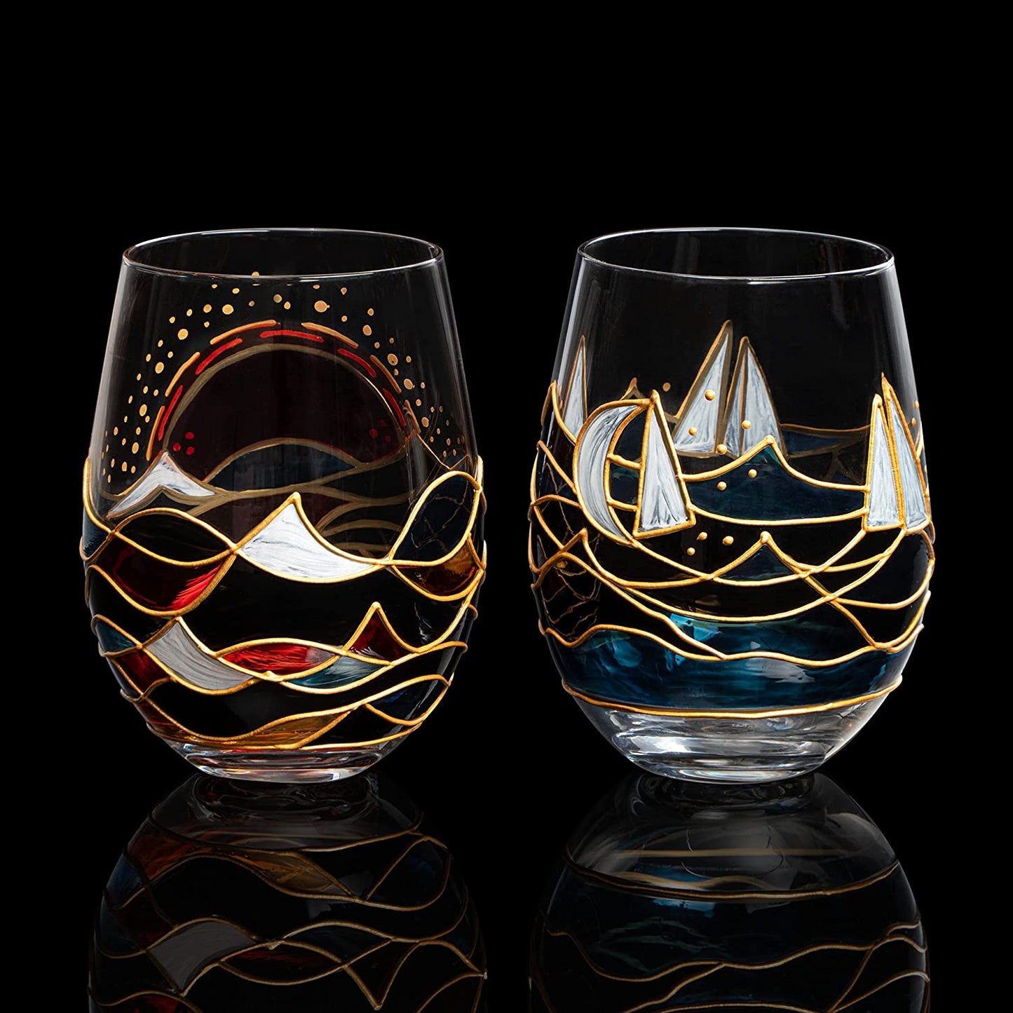 Artisanal Hand Painted Sunrise Glasses, Stemless Set of 2 Wine, Water & Whiskey Glasses - The Wine Savant - Crystal Tumblers - Gift Idea for Her, Him, Birthday, Housewarming - Large Goblets (18.5 OZ)-1