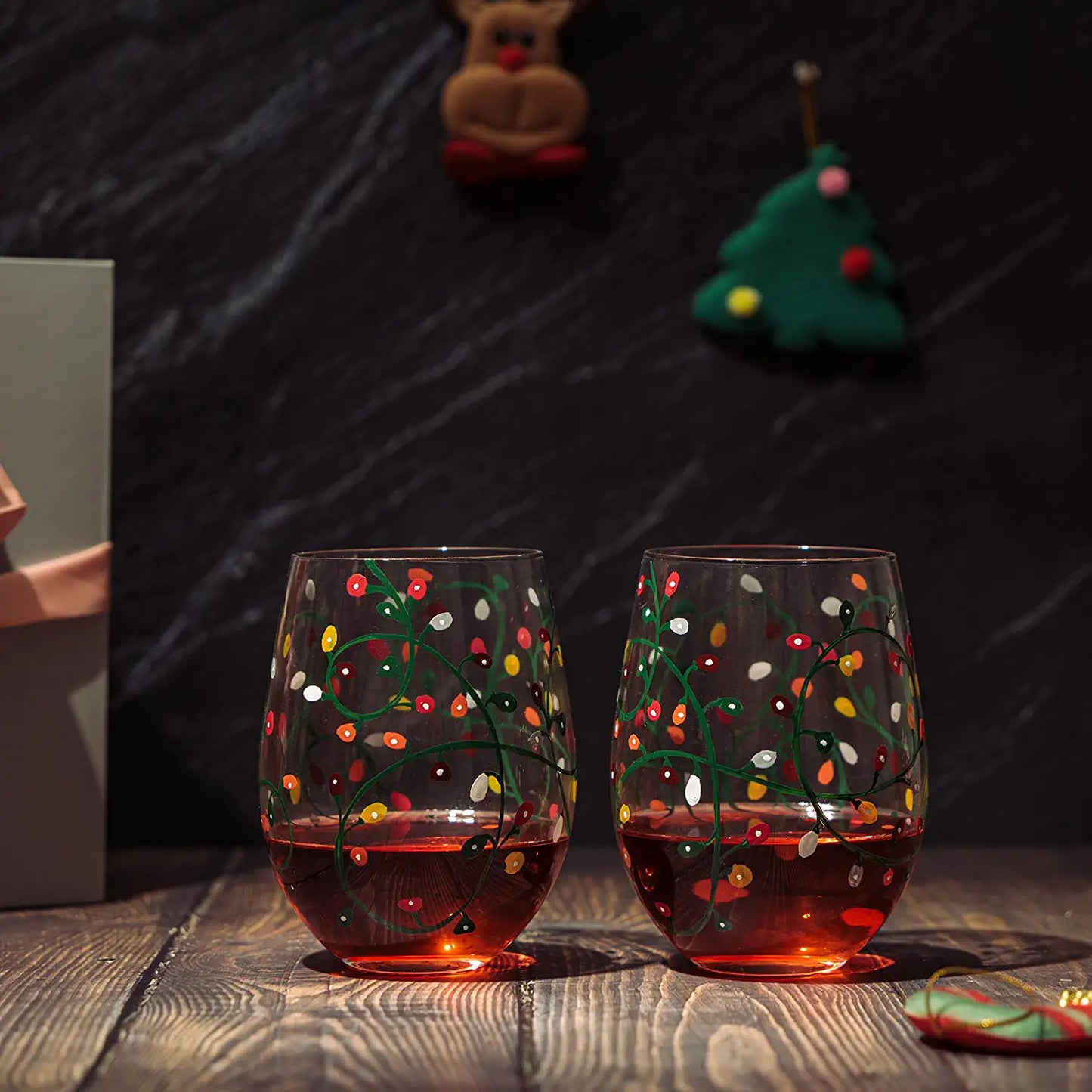 Themed Lights Stemless Wine & Water Glasses - Artisanal Hand Painted Ornament Light Bulbs Glasses - Xmas Tree - Set of 2, 17.5oz - Santa Festive Theme Stemless Glass-1