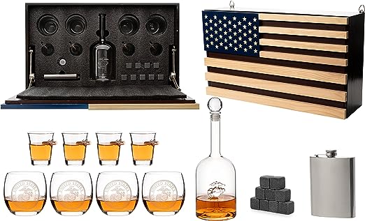 Marine Big Box Wall Decor Murphy with Decanter, 4 whiskey glasses, 4 shot glasses, marine flask, marine gifts-2
