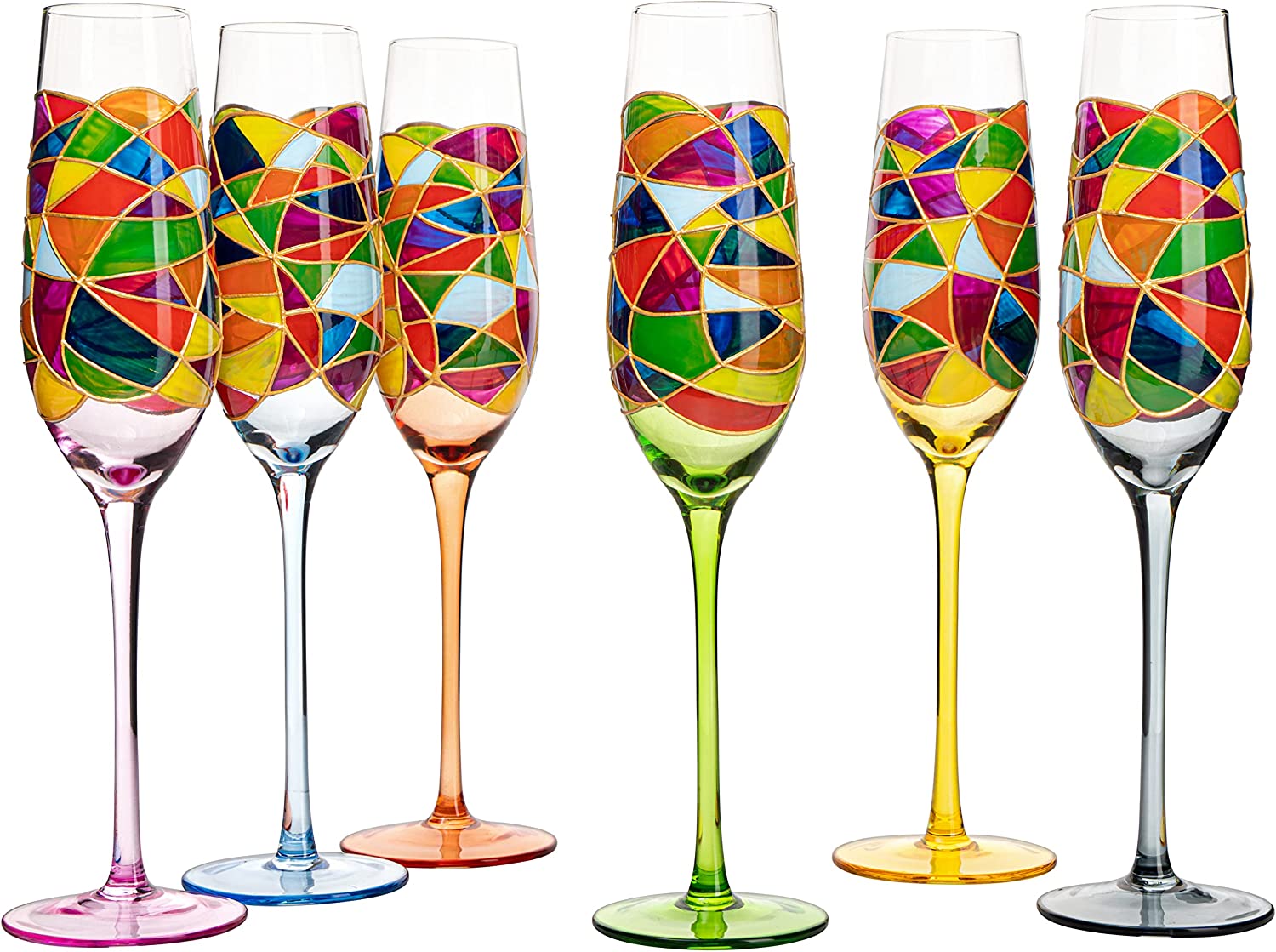 Stained Glass Champagne Flutes Set of 6 Hand Painted - Wine Savant - Hand Blown 7 Ounce Colorful Renaissance Champagne Glasses - 10.2" Tall, 2.7" Diameter Rainbow Multicolor Design Glassware-4