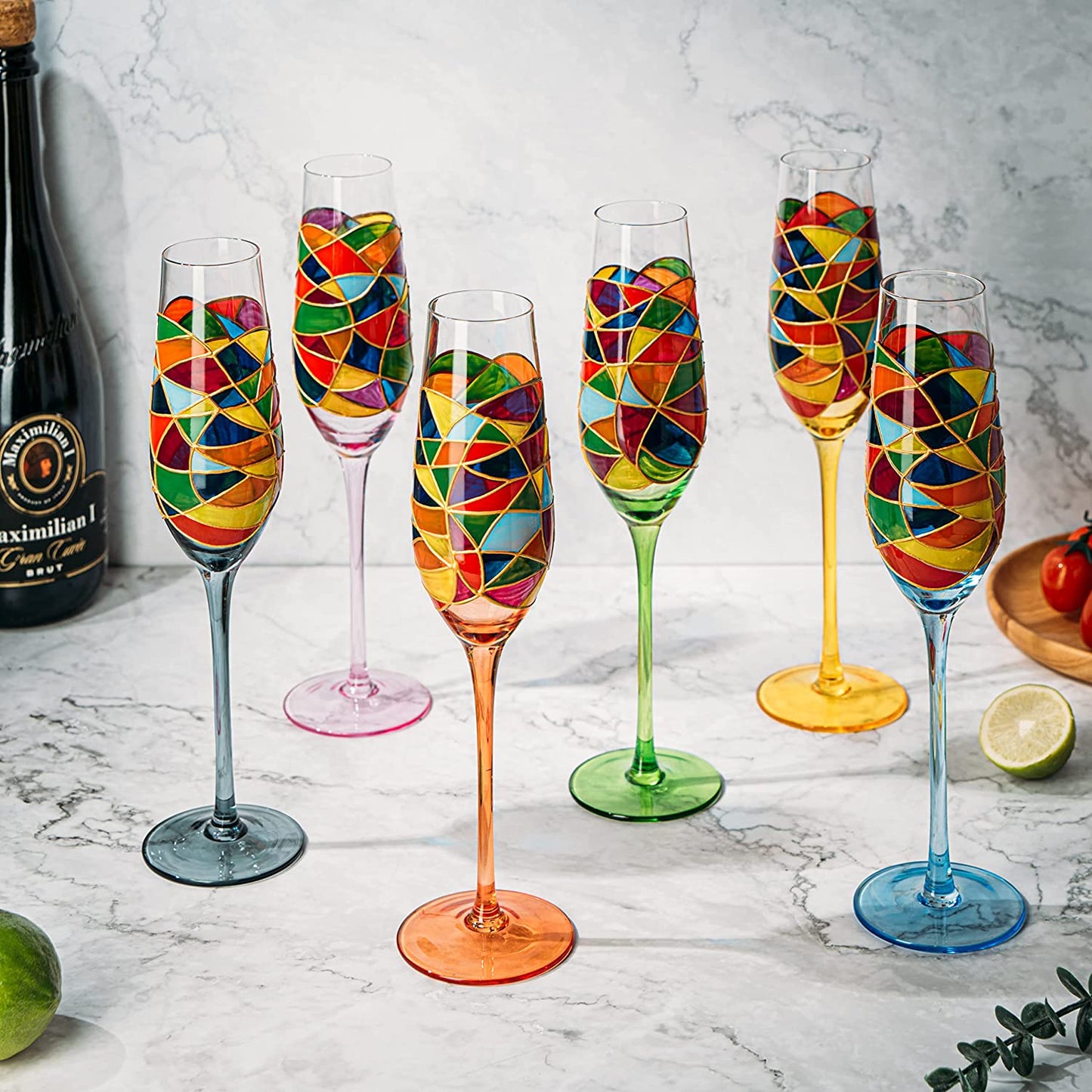 Stained Glass Champagne Flutes Set of 6 Hand Painted - Wine Savant - Hand Blown 7 Ounce Colorful Renaissance Champagne Glasses - 10.2" Tall, 2.7" Diameter Rainbow Multicolor Design Glassware-2