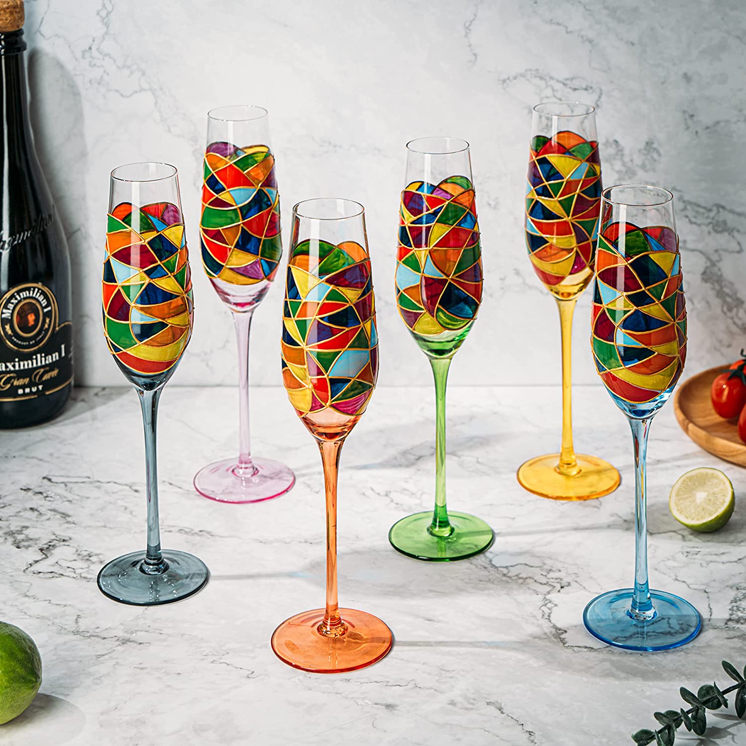 Stained Glass Champagne Flutes Set of 6 Hand Painted - Wine Savant - Hand Blown 7 Ounce Colorful Renaissance Champagne Glasses - 10.2" Tall, 2.7" Diameter Rainbow Multicolor Design Glassware-2