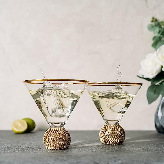 Diamond Studded Martini Glasses Set of 2 - The Wine Savant - Gold Rimmed Modern Cocktail Glass, Rhinestone Diamonds With Stemless Crystal Ball Base, Bar or Party 10.5oz, Swarovski Style Crystals-3