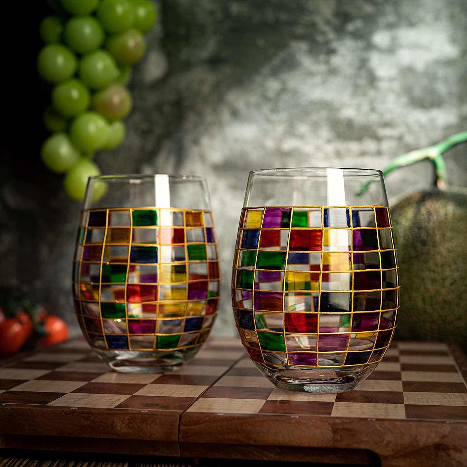 Renaissance Stained Wine Glasses Set of 2 by The Wine Savant - Festive Colorful Coffee Cups, Stained Window, Multicolored, Home Bar Gift, Colored Drinkware, Rainbow Glassware (Stemless)-2