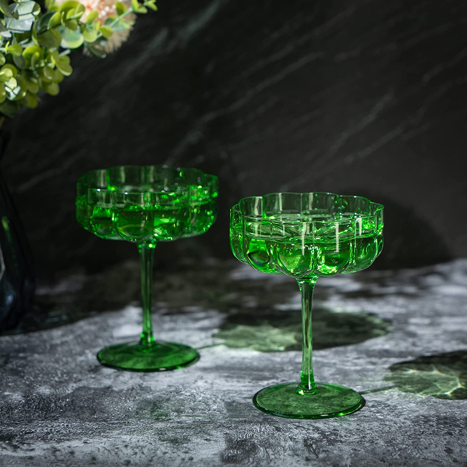 Flower Vintage Wavy Petals Wave Glass Coupes 7oz Colorful Cocktail, - Set of 4 - Rippled & Champagne Glasses, Prosecco, Martini, Mimosa, Cocktail Set, Bar Glassware Copyright & Patent Pending (Green)-4