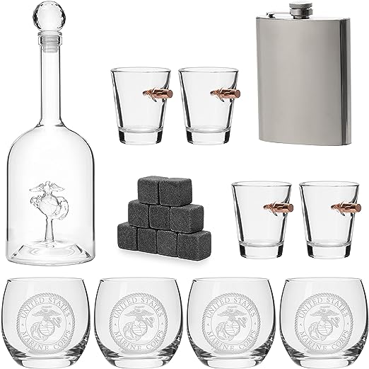 Marine Big Box Wall Decor Murphy with Decanter, 4 whiskey glasses, 4 shot glasses, marine flask, marine gifts-4