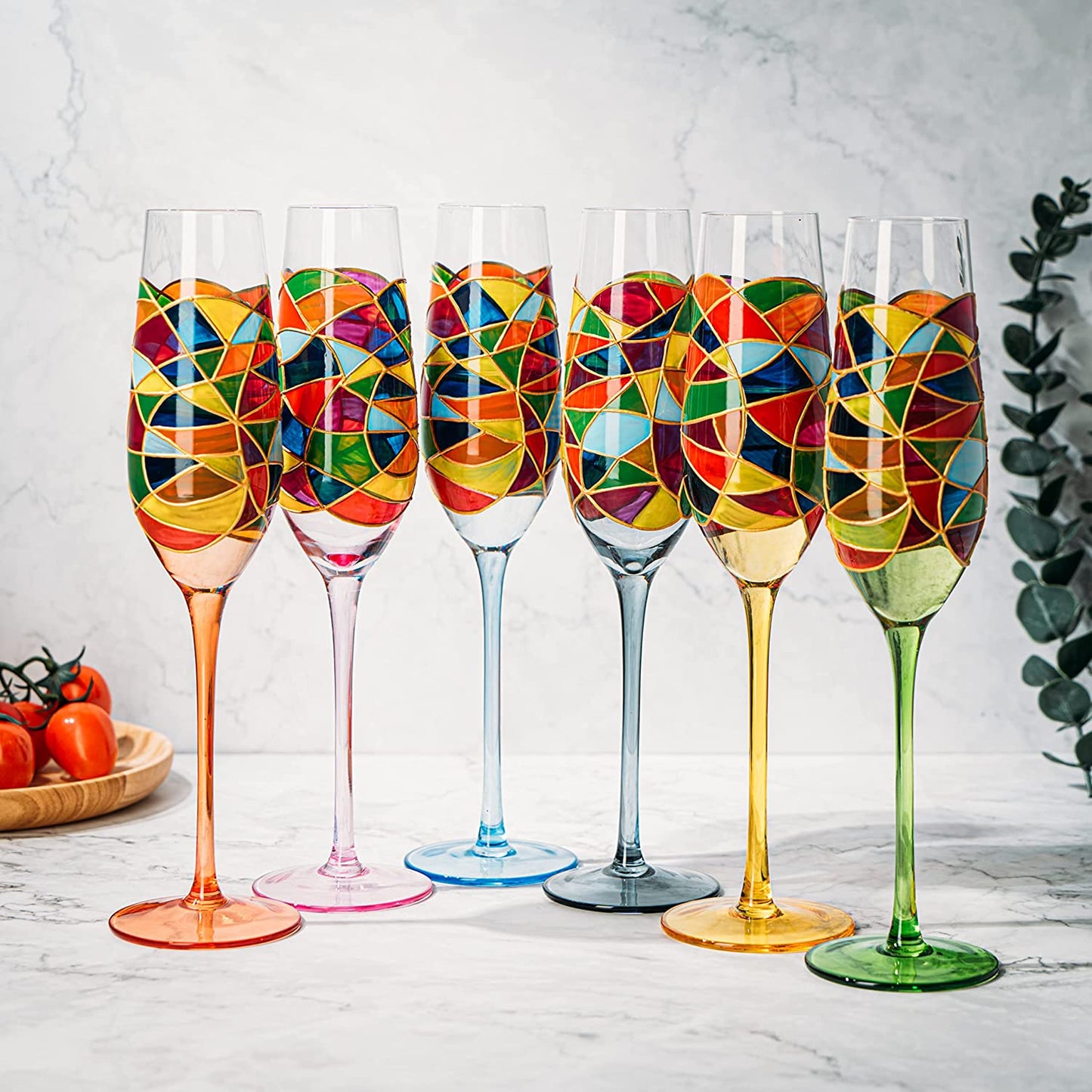 Stained Glass Champagne Flutes Set of 6 Hand Painted - Wine Savant - Hand Blown 7 Ounce Colorful Renaissance Champagne Glasses - 10.2" Tall, 2.7" Diameter Rainbow Multicolor Design Glassware-3