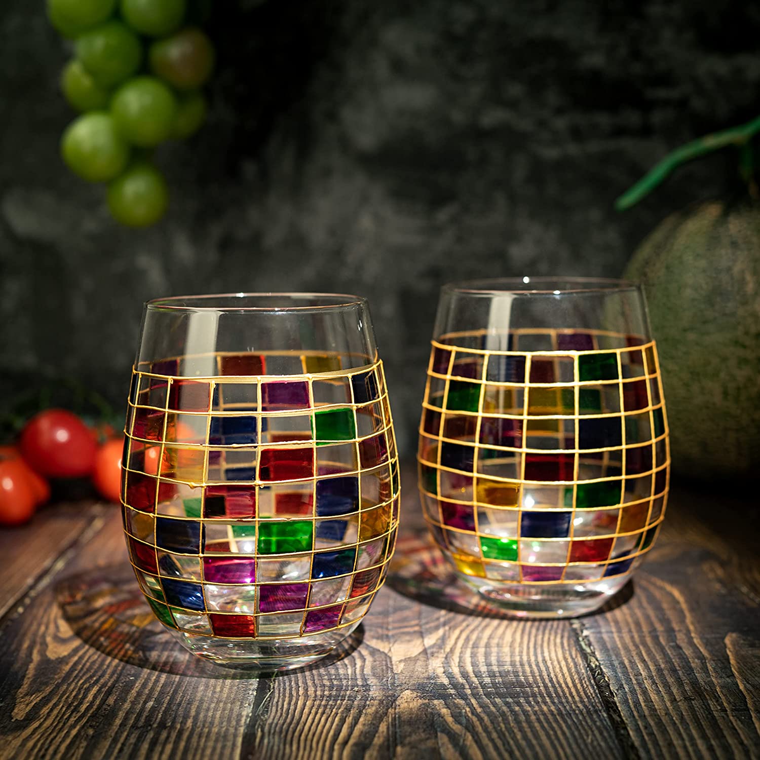 Renaissance Stained Wine Glasses Set of 2 by The Wine Savant - Festive Colorful Coffee Cups, Stained Window, Multicolored, Home Bar Gift, Colored Drinkware, Rainbow Glassware (Stemless)-1