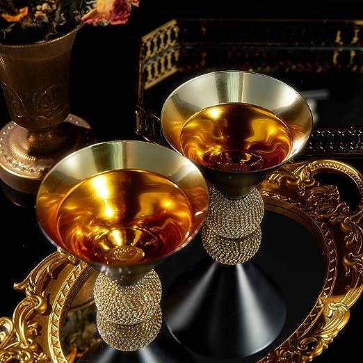 The Wine Savant Diamond Studded Martini Glasses Set of 2 Black & Gold Rimmed Modern Cocktail Glass, Rhinestone With Stemless Crystal Ball Base, Bar or Party 10.5oz, Swarovski Style Crystals-3