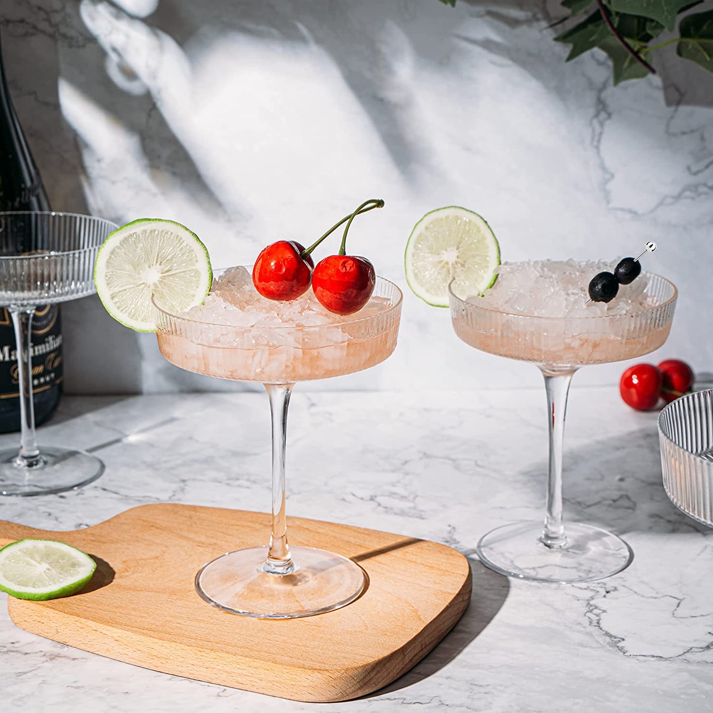 Ribbed Coupe Cocktail Glasses 8 oz | Set of 4 | Classic Manhattan Glasses For Cocktails, Champagne Coupe, Ripple Coupe Glasses, Art Deco Gatsby Vintage, Crystal with Stems (Clear)-3