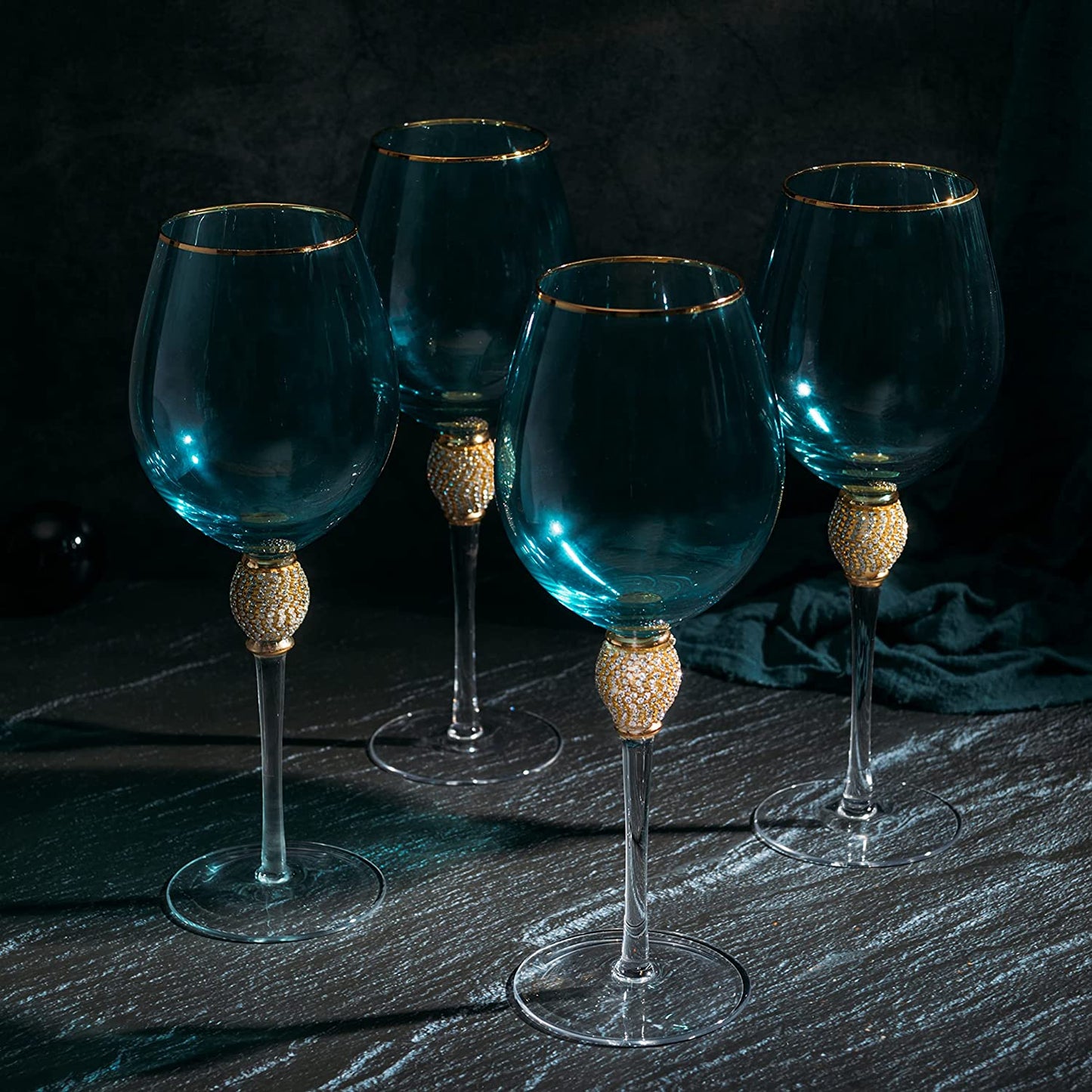 The Wine Savant Large Diamond Wine Glasses, 10" H Gold Rim Rhinestone Diamond Glasses - Wedding Glasses - 18 Ounce, Premium Designed Wine Glasses for Spirits and Wine, Gift Boxed (4, Blue)-1