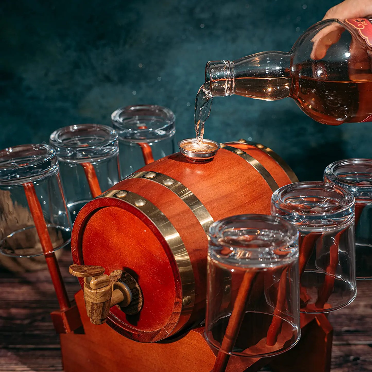 Barrel Decanter with 6 Whiskey Glasses by The Wine Savant - 1000 mL Mahogany Wood Old Fashioned Classic Whiskey Decanter Set, Gifts for Him, Father's Day, Gift Ideas-3