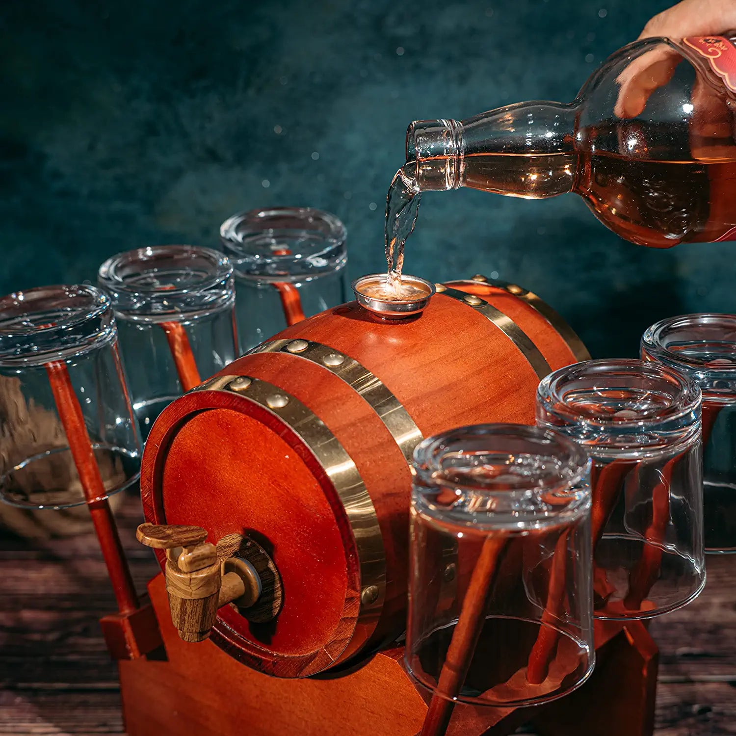 Barrel Decanter with 6 Whiskey Glasses by The Wine Savant - 1000 mL Mahogany Wood Old Fashioned Classic Whiskey Decanter Set, Gifts for Him, Father's Day, Gift Ideas-3