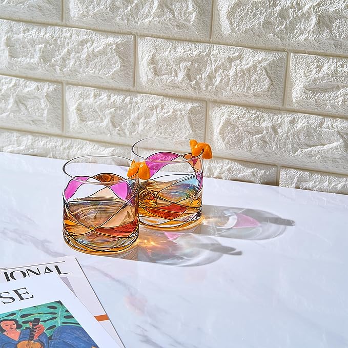 Artisanal Hand Painted Whiskey - Gift for Dad, Friends, Boyfriends, Renaissance Romantic Stain-glassed Windows Cocktail Glasses Set of 2 - Gift Idea for Birthday, Housewarming - 9.6 OZ Glassware-1